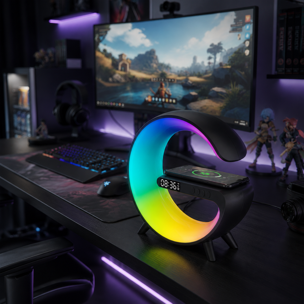 G-Shaped RGB Desk Lamp, Wireless Charger & Bluetooth Speaker with Alarm Clock