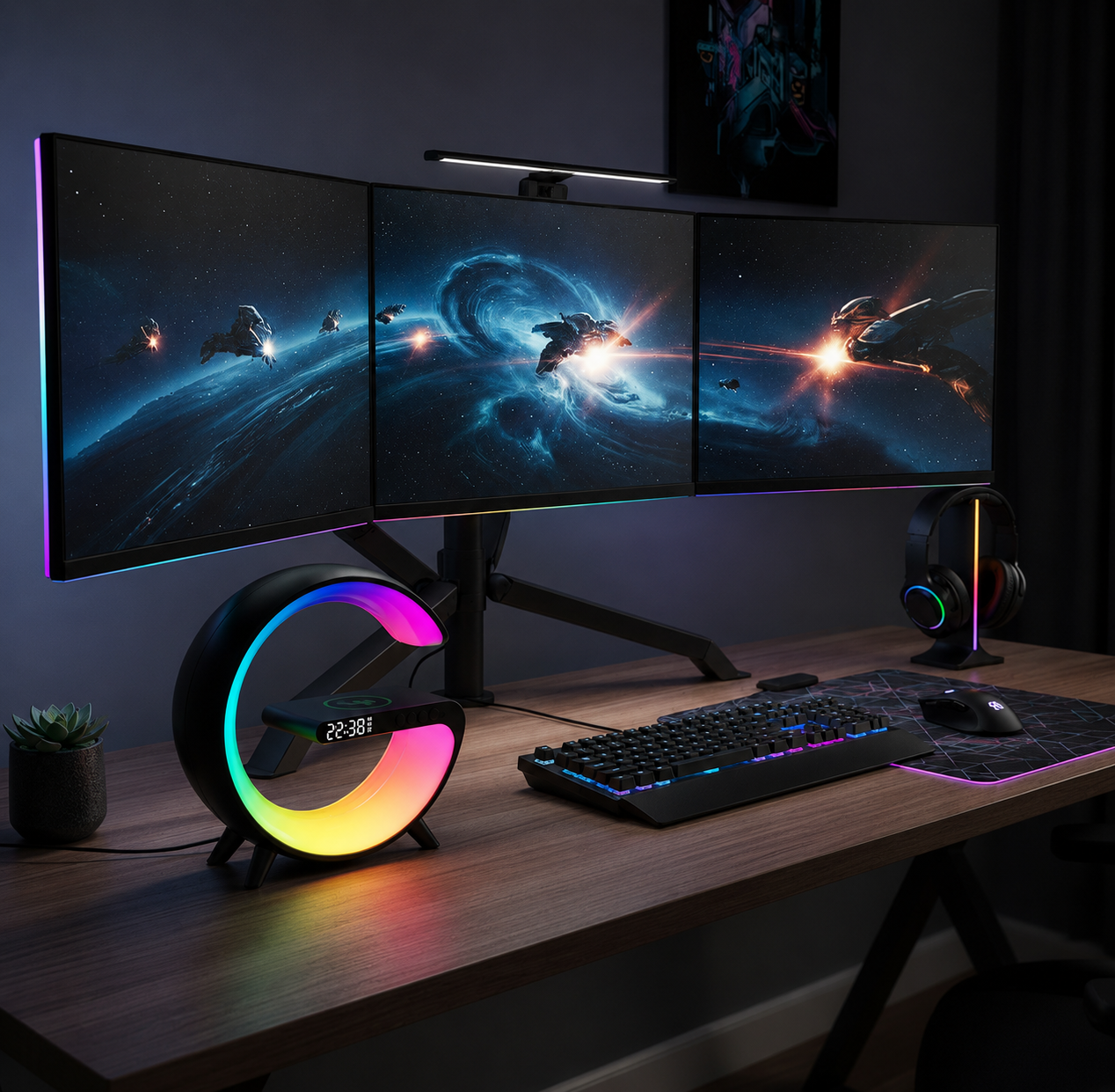 G-Shaped RGB Desk Lamp, Wireless Charger & Bluetooth Speaker with Alarm Clock
