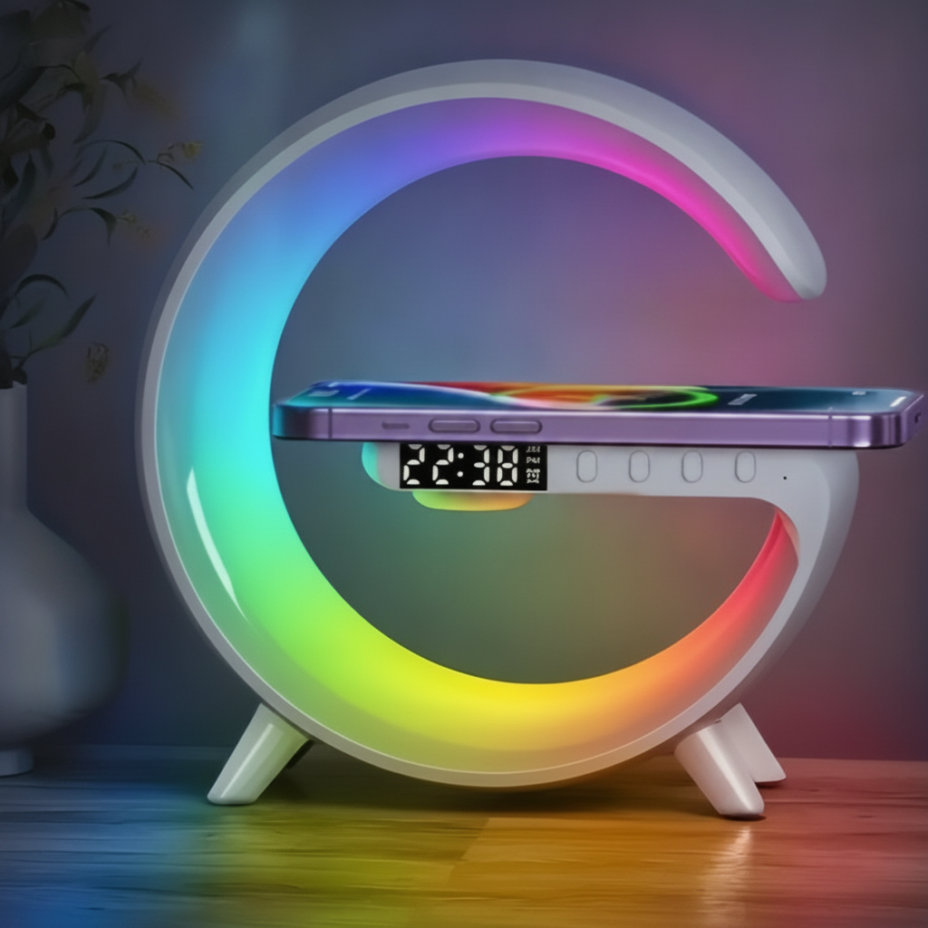 G-Shaped RGB Desk Lamp, Wireless Charger & Bluetooth Speaker with Alarm Clock