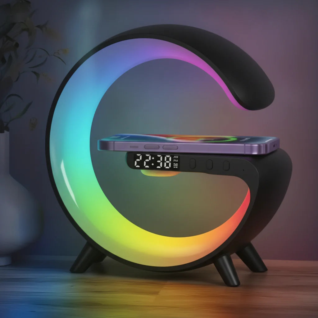 G-Shaped RGB Desk Lamp, Wireless Charger & Bluetooth Speaker with Alarm Clock